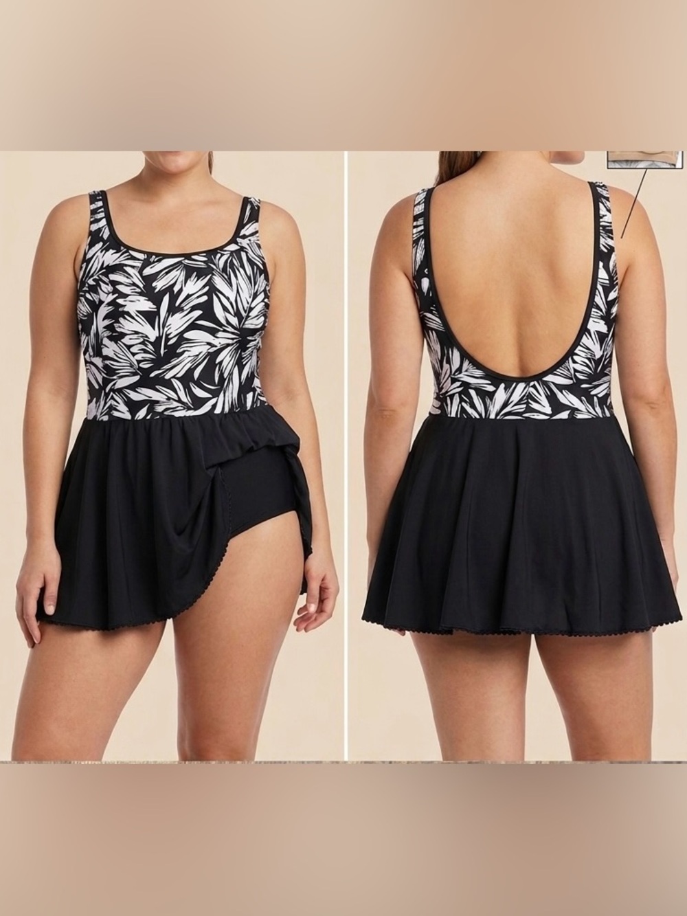 Pacific Connections Black and White Floral Skirted Swimdress